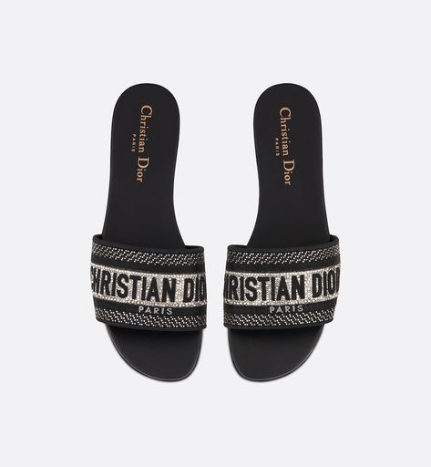 Dway Slide Black Cotton Embroidery with Metallic Thread and Silver-Tone Strass | DIOR Dior Slides, Lucky Symbols, Christian Dior Couture, Dior Couture, Cotton Embroidery, Metallic Thread, Mule, Slip On Sandal, Online Boutique