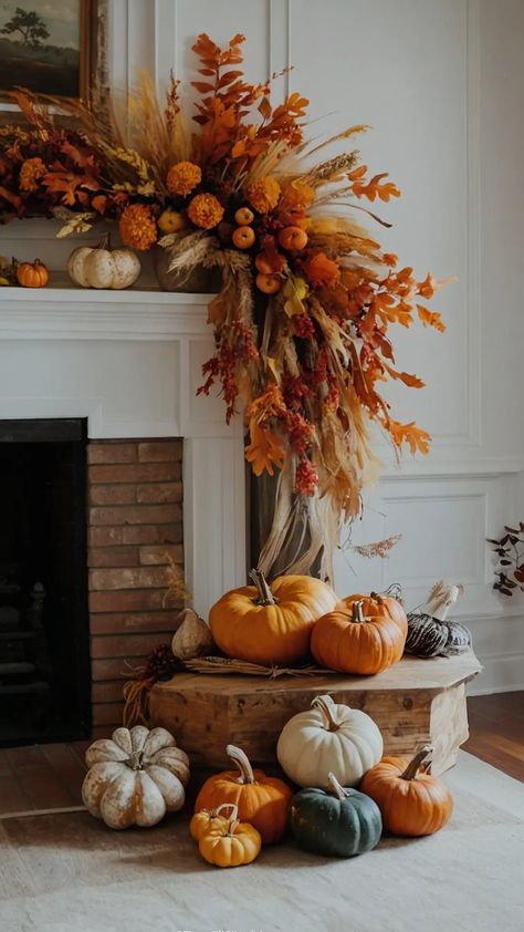 Transform Your Space: 15 Thanksgiving Decor Ideas for Every Nook and Cranny** ** - Cheerful Talks Fall Decor Ideas Mantel, Fall Decorated Entertainment Center, Thanksgiving Chandelier Decor, Fall Center Piece Dining Room, Pumpkin And Flower Centerpieces, Cozy Christmas Table Decor, Fall Decor Fireplace Mantle, Martha Stewart Fall Decor, Autumn Decor Table