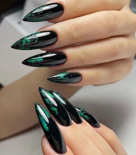 Black Gothic Nails Short, Black Builder Gel Nails, Emerald And Black Nails, Green Galaxy Nails, Chic Black Nails, Black And Green Nails Acrylic, Black Green Nails, Emerald Green And Black Nails, Elegant Green Nails