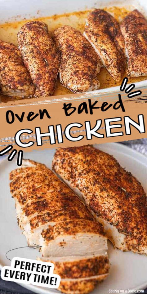 This easy baked chicken recipe has only a few ingredients and takes less than 30 minutes to bake in the oven. Learn how to bake chicken for an easy meal idea that is flavorful. Find out how to cook chicken for shredding, salads and more. How to bake chicken breast in oven. #eatingonadime #howtobakechicken #howtobakechickenintheoven #howtobakechickenintheovensimple #Intheovenhealthy #intheovenrecipes #intheovenjuicy #intheoveneasy Easy Chicken In Oven, Toaster Oven Chicken Breast, How Long Do You Bake Chicken In The Oven, What Temp To Bake Chicken, How Long To Bake Chicken In Oven, Grilled Chicken In The Oven, Baked Chicken Ideas, Baked Boneless Chicken Recipes, Bake Chicken In Oven