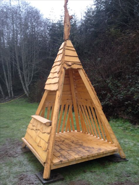 Tree Teepee, Cedar Playhouse, Wooden Teepee, Bamboo Furniture Diy, Treehouse Ideas, Tree Fort, Diy Playground, Wild Garden, Wooden Playhouse