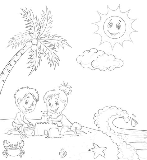 Castle Coloring Page, Majestic Palm, Beach Play, Beach Illustration, Sun Shining, Summer Mood, Outline Drawings, Beach Kids, Sand Castle