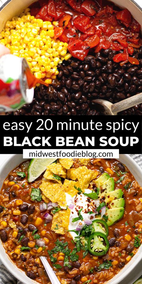 This spicy black bean soup makes the perfect quick and easy weeknight dinner or simple meal prep recipe for a busy week! Loaded with beans, veggies, and rice – this vegan soup is hearty enough to please even the meatiest of carnivores in your life! Blender Soups, Spicy Black Bean Soup, Simple Meal Prep, Veggies And Rice, Bean Soup Recipes, Black Bean Soup, Easy Weeknight Dinner, God Mat, Easy Soups