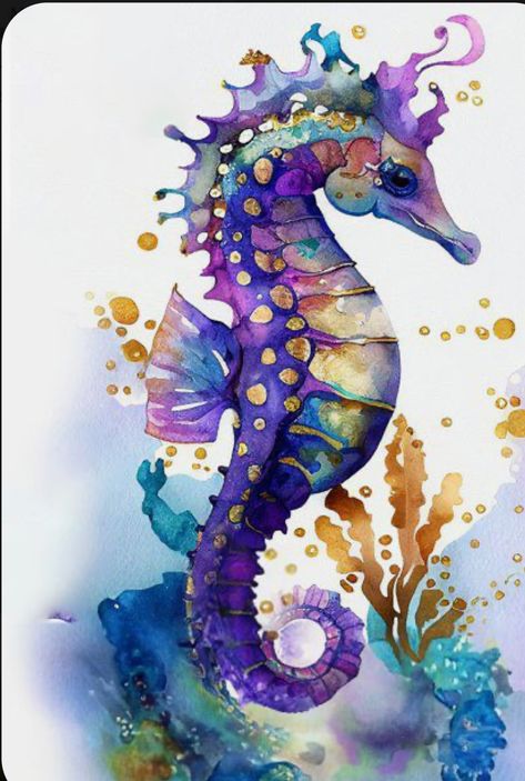 Sea Horse Watercolor Paintings, Watercolour Sea Creatures, Seahorse Paintings, Ocean Fish Drawing, Sea Horse Tattoos, Sea Horse Painting, Sea Horse Drawing, Sea Horse Art, Watercolor Ocean Animals