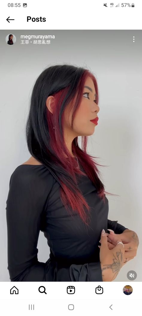 Balayage Fun Colors, Ginger Hair With Red Streaks, Red Money Piece And Underneath Hair, Wolfcut With Red Underneath, Black With Red Money Piece Hair, Red Undercut Hair, Narcissa Malfoy Hair Red, Red Hair With Black Money Piece, Multiple Hair Color Ideas