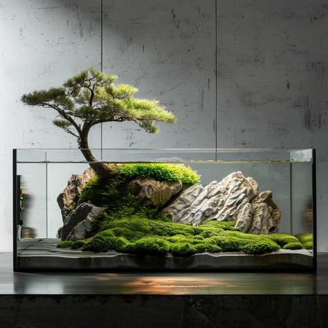 Giant Terrarium, Moss Aquascape, Zen Terrarium, Moss Aquarium, Bonsai Aquarium, Indoor Zen Garden, Zen Rock Garden, Aquascape Design, Aquarium Setup