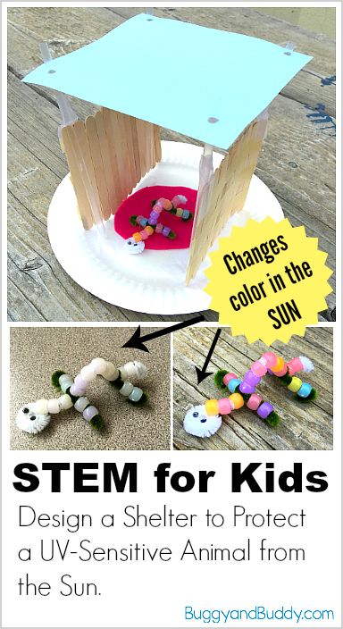 STEM Challenge for Kids: Design and build a structure to protect your animal craft (made with UV-sensitive beads) from the sun using recyclables! (Meets NGSS for kindergarten) ~ BuggyandBuddy.com Kensukes Kingdom, Stem Lessons, Elementary Stem, Stem Camp, Kindergarten Stem, Fun Stem Activities, Summer Stem, Steam Ideas, Stem Elementary