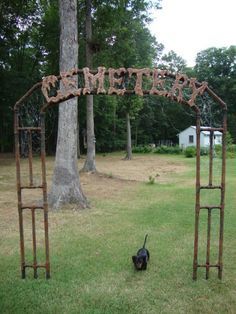 Here is the one I made to go with my pvc fence it is also pvc and the letters are made from 1" pink foam glued on 1/4" plywood so they would be strong enough to screw to the pvc pipe from the back side. It is 3 pieces the top and both side so that I can store it better. I did add to 2 foam skulls to the middle opening one on each side leg that is not shown in this picture and painted them the same color as the letters.Hard to see the arch but you can see the two solar power Halloween Graveyard Archway, Diy Graveyard Entrance, Cemetary Archway Diy, Diy Cemetery Fence, Cemetery Archway Diy, Skull Archway Diy, Cemetery Decorations Halloween, Diy Halloween Arch, Halloween Archway Diy