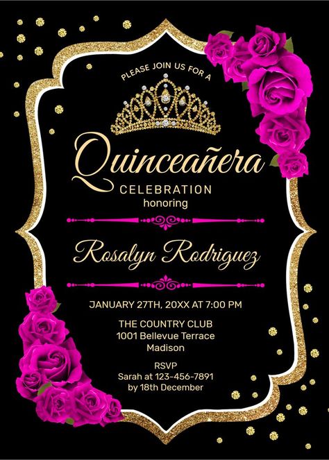 Gold black pink Quinceanera celebration invitation. Features script font, hot pink roses, tiara and confetti. Classy fuchsia pink design with faux glitter gold. Printed Zazzle invitations or instant download digital template. Perfect for an elegant glam celebration. Red Gold Invitation, Red Roses Invitation, Quinceañera Invitations, Red Quince, Black And Red Roses, Quince Invitations, Quinceanera Invitation, Birthday Tiara, Magical Birthday