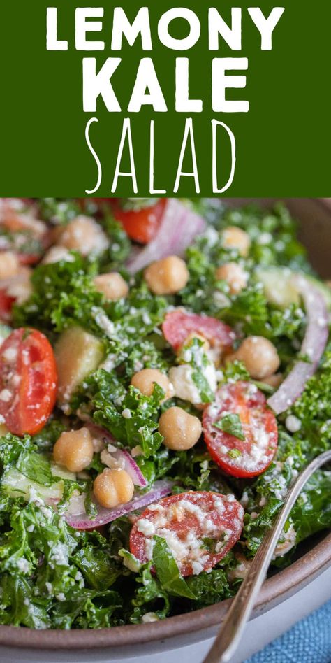 This easy Lemony kale Salad with Feta Cheese is tangy, refreshing and perfect for summer! Serve this delicious kale salad as an appetizer, side dish or light lunch. It is also packed with cherry tomatoes, cucumber, red onion and chickpeas. The dressing is just a simple lemon juice, olive oil, salt and pepper mixture that really hits the spot! #kalesalad #summersidedish #sidesalad #vegetarianrecipe #lemonykale Kale Salad With Feta Cheese, Low Carb Kale Salad, Lemony Kale Salad, Kale And Feta Salad, Kale And Chickpea Salad, Lemon Kale Salad, Salad With Feta Cheese, Cherry Tomato Salad, Vegan Feta Cheese