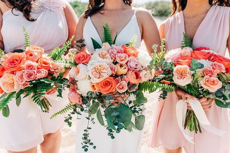 Coral Wedding Bouquet Bride, Coral Wedding Bouquet, Coral Flowers Wedding, Beach Wedding Bouquet, Destination Wedding Flowers, Nags Head North Carolina, Aruba Wedding, Cornish Wedding, Obx Wedding