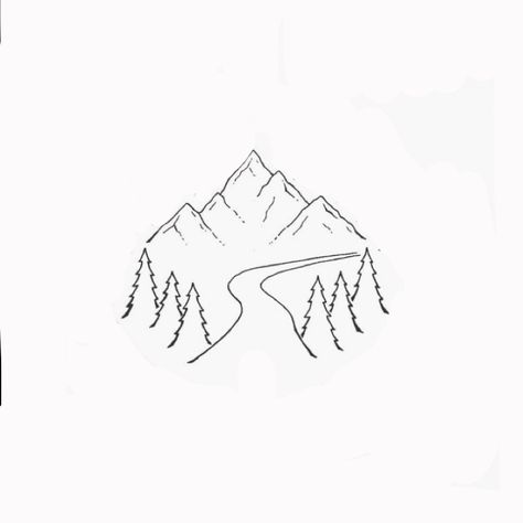 Alps Tattoo Simple, Tiny Landscape Tattoo, Snow Mountain Drawing Simple, Wilderness Tattoo Simple, Minimalist Tattoo Outline, Simple Road Tattoo, Line Drawn Mountains, Lake Louise Tattoo, Small Landscape Tattoo