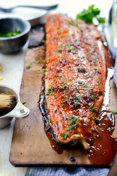 Grilled Whiskey Glazed Cedar Plank Salmon - Simply Scratch Bbq Salmon Steaks, Whiskey Salmon Recipes, Smoked Cedar Plank Salmon, Wood Plank Salmon Grilling, Cedar Planked Salmon, Cedar Plank Grilling, Whiskey Glazed Salmon, Salmon On Plank Grilling, Sockeye Salmon Recipe Grilled