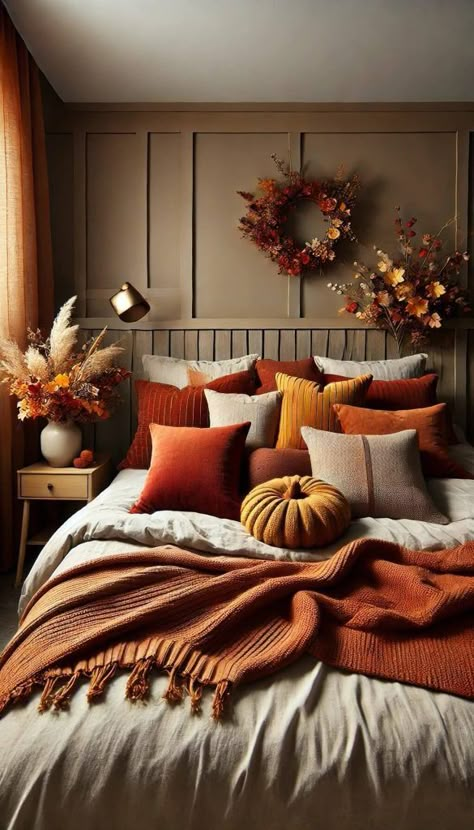 20+ Cozy Fall Bedroom Ideas to Transform Your Space 41 Fall Bedroom Paint Colors, Pumpkin Bedroom Decor, Room Ideas Fall Aesthetic, Fall Farmhouse Bedroom, Autumn Inspired Bedroom, Fall Color Bedroom, Fall Colors Bedroom, Fall Bedding Bedrooms Cozy, Fall Bedroom Ideas Cozy