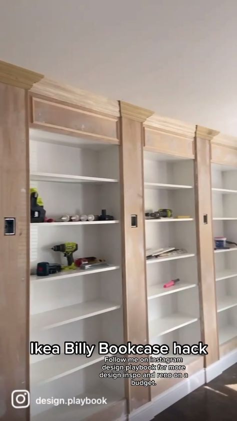 Using Ikea Billy bookcases to build a home library. #ikeahack #ikeahacksdiy #ikeabillly #homerenovationonabudget #homerenovationtiktok #homedecor Billy Ikea Shelf, Billie Bookcase Built In, Ikea Library Hack Bookshelves, Home Library Ikea Hack, Built In Bookshelves Doorway, Bookcase Molding Ideas, Billy Ikea Bookcase Ideas, Floor To Ceiling Bookcases Built Ins, Fitted Bookcase Wall