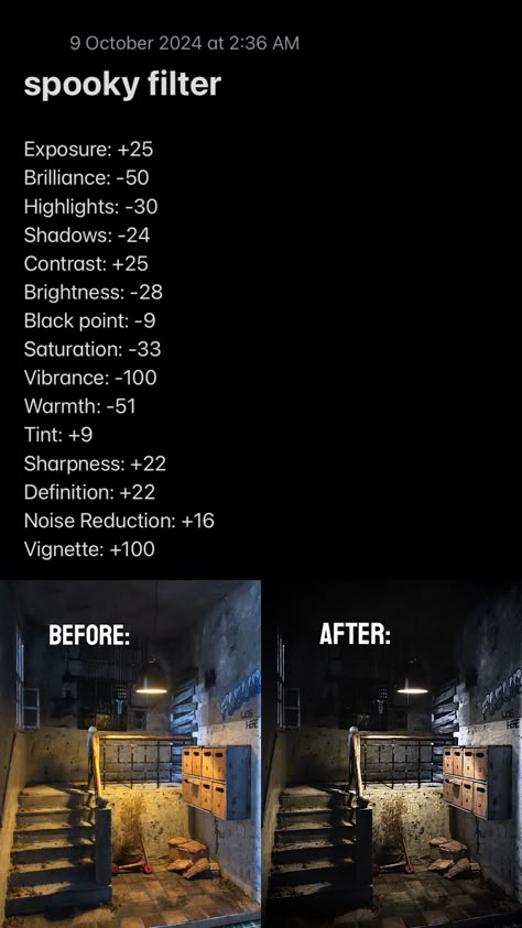 Darker Photo Edit, Dark Pictures Editing, Photos Filters Ideas, Dark Photo Editing Iphone, How To Make Ur Photos Aesthetic, Spooky Filter Iphone, Samsung Camera Filter Settings, Editing Settings Iphone, Picture Settings Ideas