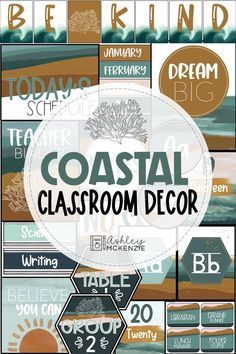 Neutral Beach Classroom, Modern Coastal Classroom Decor, Coastal Calm Classroom, Beach Theme For Classroom, Coastal Theme Classroom, Boho Coastal Classroom, High School Room Decor, Sea Themed Classroom Ideas, Boho Beach Classroom Decor