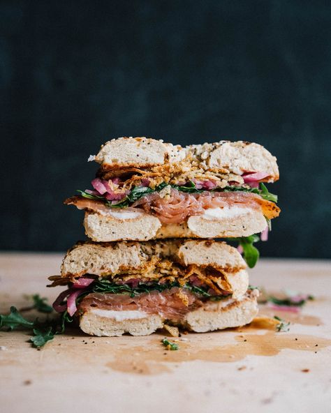 Learn how to make Smoked Salmon Bagel Sandwich with instructions, tips, and more on Sprouted Kitchen Cooking Club. Bagel Food Photography, Bagel Sandwich Photography, Cafe Lifestyle, Sprouted Kitchen, Salmon Lox, Clean Photography, Smoked Salmon Sandwich, Food Shoot, Smoked Salmon Bagel