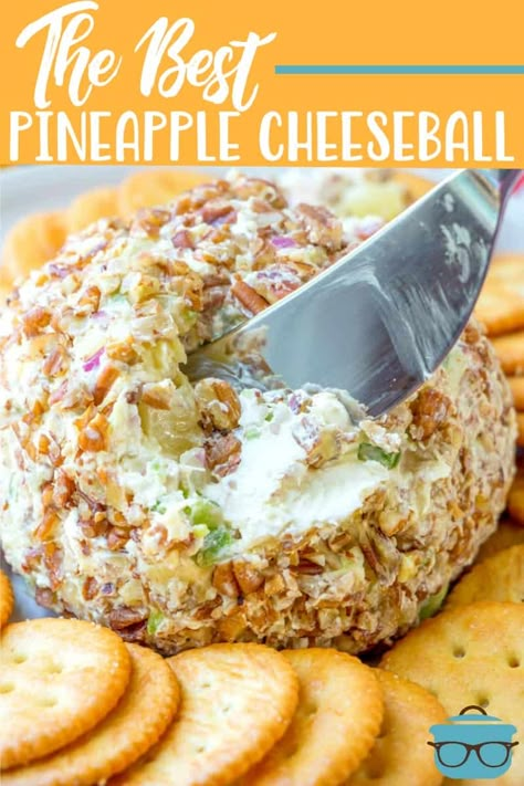 This Pineapple Cheeseball is always a hit at parties. Crushed pineapple, cream cheese, green pepper, shallot and chopped pecans! Pineapple Shaped Cheese Ball, Cream Cheese And Pineapple Dip, Pineapple Cheese Ball Recipes Best, Cheeseball Recipes With Pineapple, Cheeseball Pineapple, Pineapple Cheese Ball Recipe, Cheese Ball Pineapple, Pineapple Cream Cheese Ball Recipe, Cracker Spreads