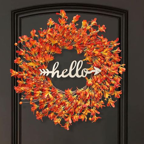 Love this wreath Front Door Foyer, Outdoor Fall Wreaths, Fall Front Door Decor, Fall Wreaths For Front Door, Outdoor Thanksgiving, Wreath Stand, Butterfly Wall Decals, Autumn Wreaths For Front Door, Outdoor Doors