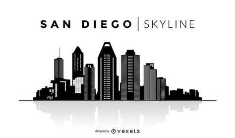 San Diego skyline silhouette design. You can see the most important buildings, it's isolated and it also says San Diego Skyline over the silhouette. San Diego Inspired Tattoo, San Diego Logo Design, San Diego Illustration Art, San Diego Tattoo, Skyline Tattoo, San Diego City Skyline, Silhouette Buildings City Skylines, San Diego Skyline, San Diego Art