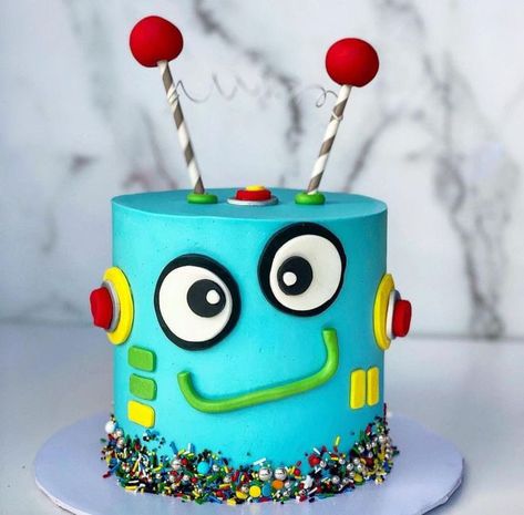 Robot Birthday Party Cake, Robot Theme Cake, Robot 3rd Birthday Party, Robot Cake Ideas, Robot Cakes, Robot Birthday Cake, Robot Themed Birthday Party, Robot Cake, Toddler Birthday Cakes