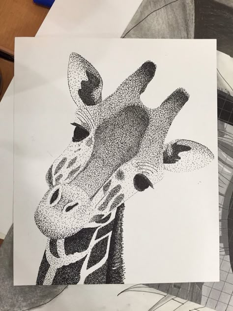 Simple Stipple Art, Giraffe Dot Art, Animal Stippling Art, Stippling Art Animals, Stippling Drawing Artworks, Simple Stippling Drawing, Dot Drawing Sketches, Animal Dot Art, Dot Art Drawing Ideas