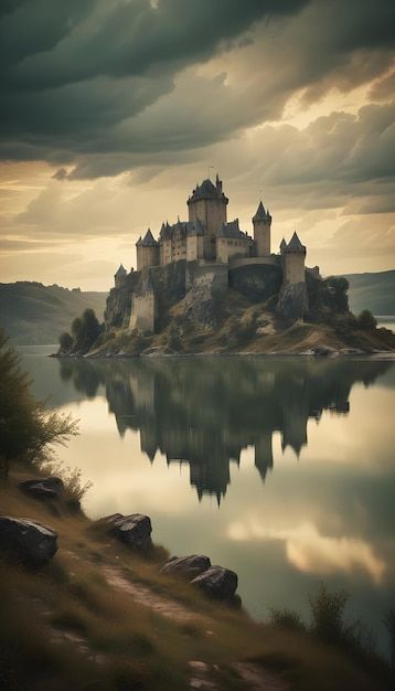 Majestic castle on a rocky island reflected in the still waters of a lake, with a dramatic cloudy sky in the background. Majestic Castle, Rocky Island, Moody Atmosphere, Dramatic Sky, Medieval Architecture, Timeless Architecture, Lake Photos, Fantasy Castle, By The Lake