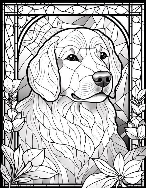 Stained glass golden retriever coloring page for adults from our Stained Glass Dogs Coloring Book which features 50 detailed designs of stained glass Dachshunds, Bulldogs, Pugs, Huskies and more. #coloring #coloringbook #coloringbookforadults #coloringforadults #coloringpages #coloringaddict #coloringforgrownups #adultcoloring #adultcoloringbook #stainedglass #dog Golden Retriever Stained Glass Pattern, Golden Retriever Coloring Pages, Stained Glass Dogs, Stained Glass Coloring Pages, Steampunk Coloring, Chibi Coloring Pages, Colouring Pictures, Dog Coloring Book, Glass Things