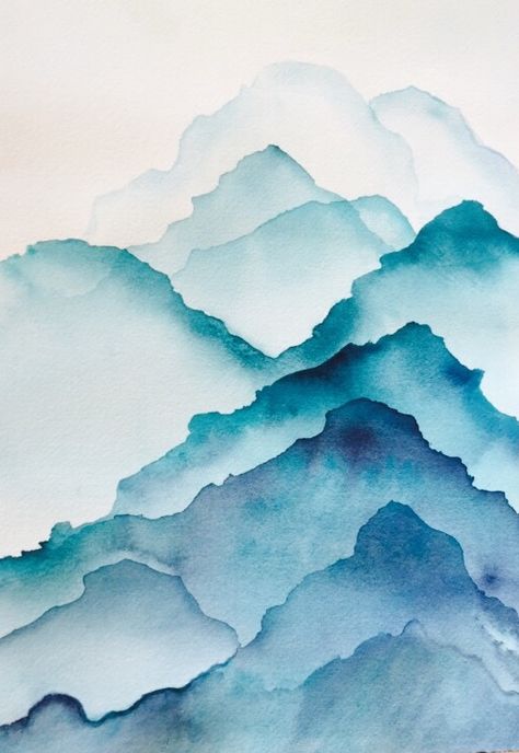 Water Colour Mountain Painting, One Color Watercolor Painting, Water Colour Inspiration, Water Colours Painting Landscape, Cool Colours Painting, One Colour Painting, Cool Watercolor Ideas Easy, Ecoline Art Ideas, Water Colour Wallpaper