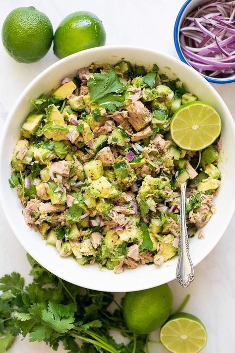 Avocado Tuna Salad - iFoodReal.com Morning Recipes, Avocado Tuna, Chickpea Tuna Salad, Healthy Tuna Salad, Avocado Tuna Salad, Tuna Salad Sandwich, Healthy Tuna, Tuna Salad Pasta, Tuna Avocado