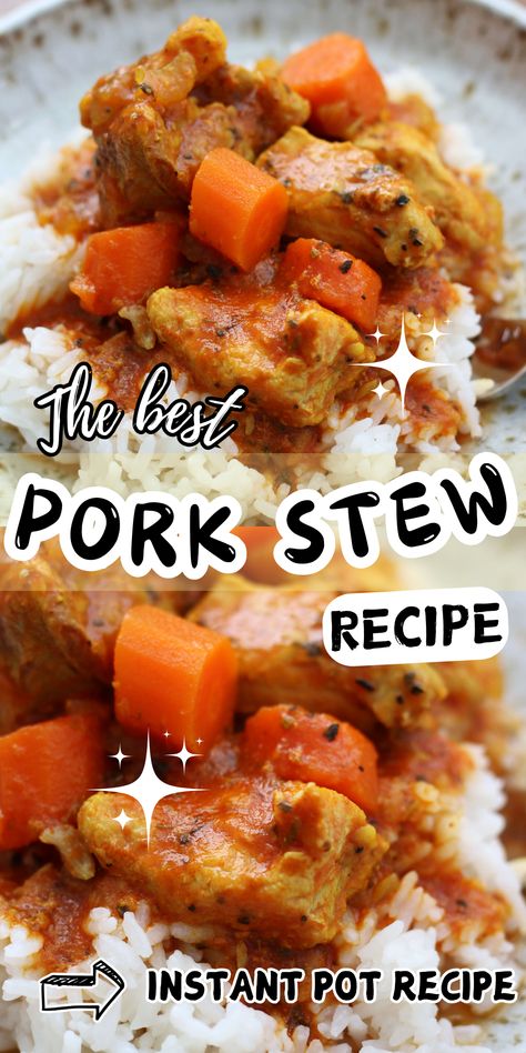 Winter Casserole--a savory pork stew served over rice made fast in the Instant Pot or low and slow in the Crockpot. Pork Stew In Crockpot, Steam Pot Recipes, Instapot Pork Roast, Pork Stew Instant Pot, Pork Soups And Stews, Instapot Recipes Dinners, Instant Pot Pork Recipes, Pork Stew Meat Recipes, Pressure Cooker Dinner