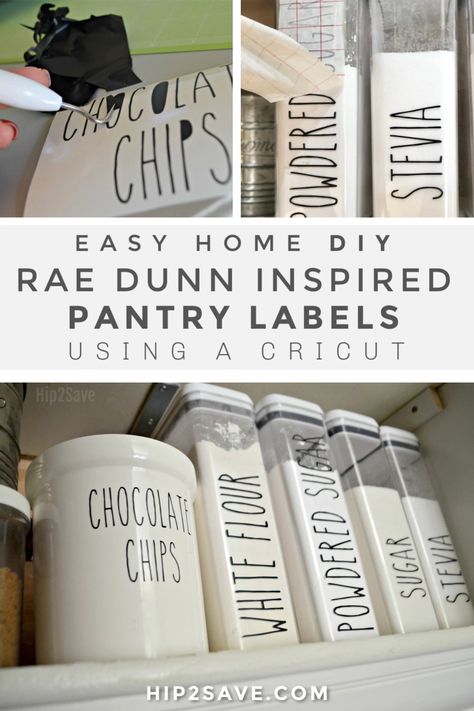 I recently re-organized my pantry and made some trendy Rae Dunn-inspired adhesive labels for the food containers in my pantry, and just love how they turned out, so now I'm excited to help you make your own vinyl decals for your home! #raedunn #raedunnlabels #pantry #pantryorganization #homediy #diyprojects #diyorganization #raedunndiy Pantry Labels Cricut Vinyl Decals, Cricut Kitchen Labels Vinyl Lettering, Cricut Pantry Labels Svg Free, Cricut Food Labels, Cricut Pantry Labels Free Printables, Labels For Pantry Containers, Farmhouse Style Pantry, Household Labels, Vinyl Pantry Labels