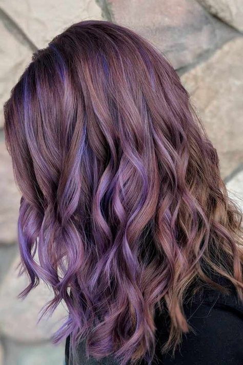 Brown Hair With Purple Highlights #ashhair #purplehair Brown Hair With Purple Highlights, Brown Hair With Purple, Hair With Purple Highlights, Purple Highlights Brown Hair, Hair With Purple, Purple Brown Hair, Brown Hair With Highlights And Lowlights, Purple Hair Highlights, Trendy We Fryzurach