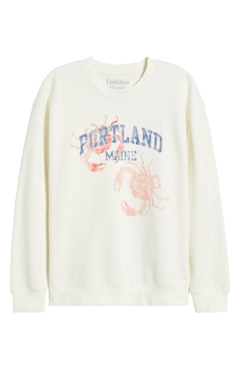 Feel the coastal breezes in this laid-back, lightweight pullover featuring faded graphics inspired by Portland, Maine. 27 1/2" length (size Medium) Crewneck Long sleeves 60% cotton, 40% polyester Machine wash, tumble dry Imported Coastal Breeze, Portland Maine, Golden Hour, Portland, Maine, Graphic Sweatshirt, Nordstrom, Long Sleeves, Sweatshirts