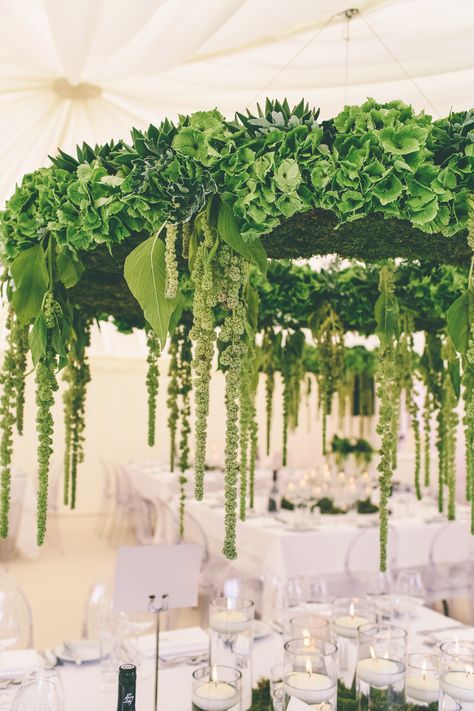 Hanging Flowers Wedding, Green Wedding Decorations, Wedding Flower Ideas, Wedding Hall Decorations, Wedding Chandelier, Flower Chandelier, Flower Installation, Floral Chandelier, Wedding Flowers Summer