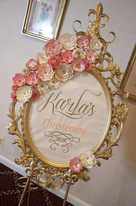 Welcome sign at a vintage romantic baptism  party! See more party planning ideas at CatchMyParty.com!: Baptism Party Ideas, Nursery Frames, Deco Rose, Baptism Party, Baby Shower Princess, Gold Party, Girl Shower, Princess Party, Girl Baby Shower