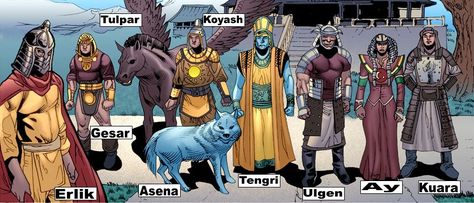 mongolian Gods:  Asena, Ay (deusa da lua), Erlik (deus da morte e do mal), Gesar, Koyash (deus do sol), Kuara (deus do trovão), Tengri (deus do céu), Tulpar, Ulgen (deus da luz), Vaat (possivelmente Gaea ) World Mythology, Comic Book Superheroes, Ancient Mythology, World Religions, Art Masters, Gods And Goddesses, Religious Art, Mythical Creatures, Fairy Tales