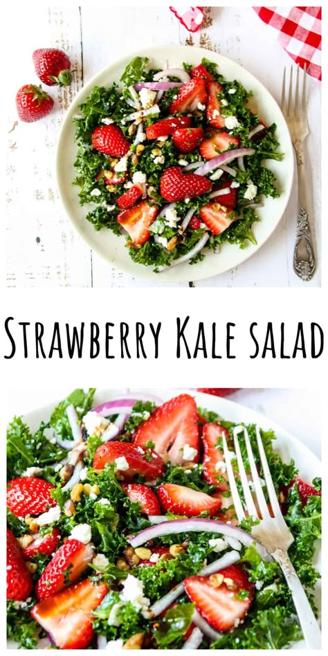 Strawberry Kale Salad recipe celebrates the sweet flavor of juicy summer strawberries in a salad of crisp kale leaves. Nutty toasted walnuts add crunch and creamy feta and a tangy balsamic vinaigrette complete this simple, fresh, and delicious salad. Wholesome Salads, Strawberry Kale Salad, Strawberry Feta Salad, Kale Feta, Strawberry Salad Recipe, Strawberry Feta, Amazing Salads, Suddenly Salad, Creamy Feta