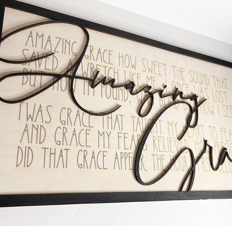 Wooden Amazing Grace Sign This beautiful engraved and laser cut sign will bring elegance and meaning to your homes decor! Display in your entryway or living space! The classic cut script font and engraved song lyrics are the prefect classic combo. Please inquire about color options. *Hanging hardware not included* Amazing Grace Sign Wall Art, Diy Amazing Grace Sign, Amazing Grace Wall Art, Faith Signs Wooden, Church Entryway Decor, Church Entrance Decor, Church Foyer Ideas Lobbies, Christian Signs For Home, Amazing Grace Quotes