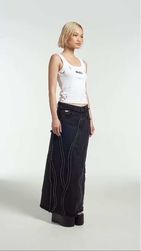 Black Denim Maxi Skirt, Ragged Jeans, The Ragged Priest, Ragged Priest, Denim Maxi, Denim Maxi Skirt, Secret Sale, Summer Gift, Fall 2024