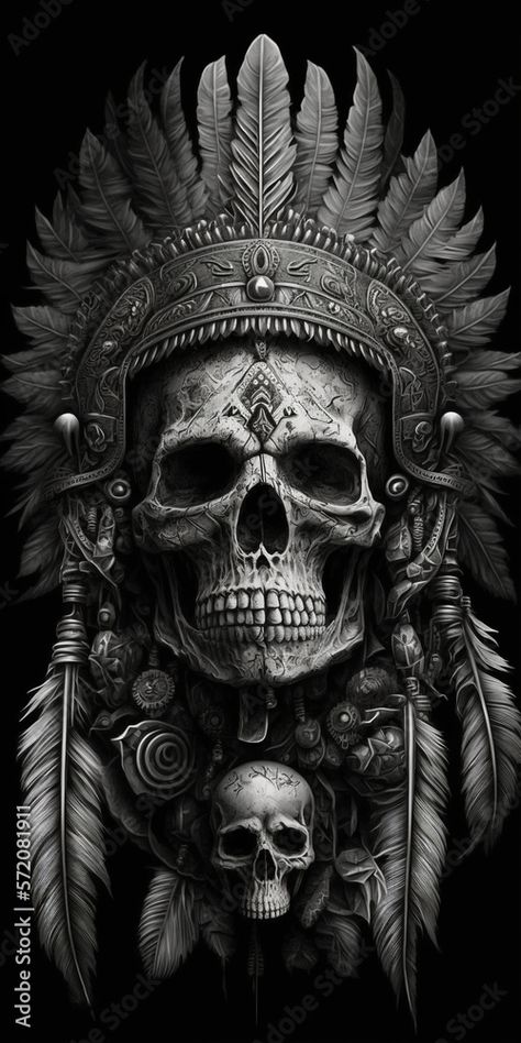 Skull Bandit Tattoo, Chest Tattoo Ideas For Men Unique, Skull Indian Headdress Tattoo, Skull Sleeve Tattoos For Guys, Aztec Tattoo Designs For Men, Aztec Skeleton, Aztec Skull Tattoo, Skull Candy Tattoo, Indian Head Tattoo