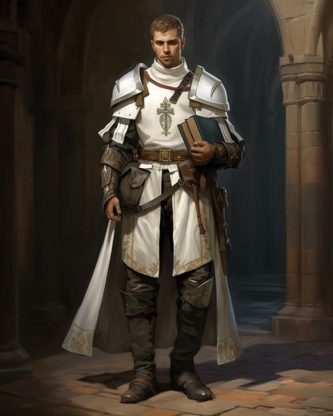 White Armor Knight, Dnd Paladin Male Human, Male Cleric Dnd, Dnd Priest, Cleric Armor, Short Hair Green Eyes, Fantasy Priest, Dnd Knight, Handsome Knight