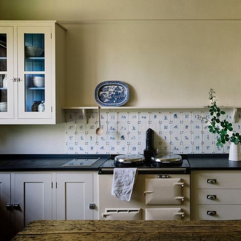 Plain English Design on Instagram: “Delft by Plain English behind the Aga at Stowupland Hall in Suffolk. Each tile is based on an antique original and depicts a different��…” English Kitchens Design, Plain English Kitchen, Light And Dwell, Plain English, English Kitchen, English Kitchens, Delft Tiles, Laminated Mdf, Sustainable Kitchen