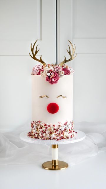 Elegant Christmas Cakes Beautiful, Present Cake Ideas, Christmas Heart Cake, Christmas Cake Ideas Elegant, Rudolph Cake, Cake Equipment, Bake Ideas, Reindeer Cakes, Display Cake