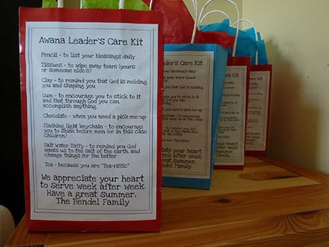 AWANA Teachers Survival Kit- love this!  Thanks for sharing! Awana Puggles, Awana Crafts, Awana Sparks, Awana Cubbies, Cubby Ideas, Survival Kit For Teachers, Teacher Survival, Volunteer Gifts, Sunday School Teacher