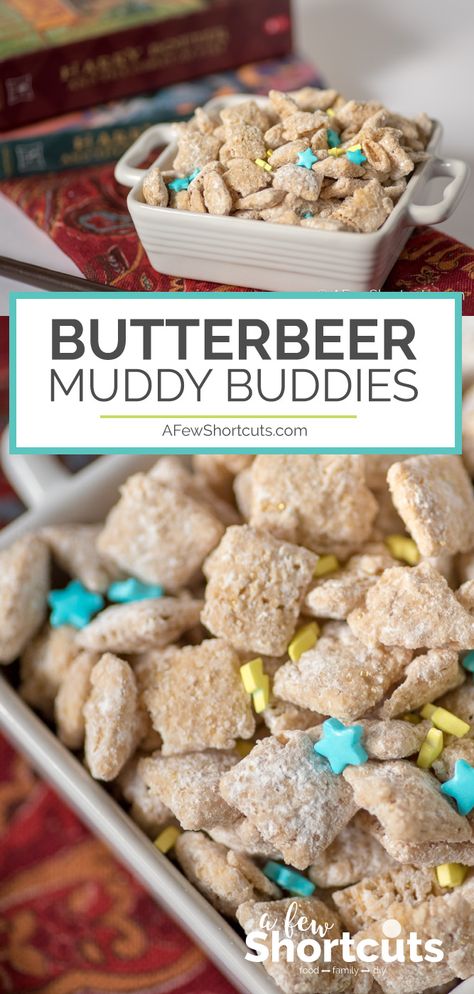 Stop waiting for your letter to Hogwarts! Whip up a batch of these magical Butterbeer Muddy Buddies! There are spells to make them gluten free and vegan too!  #butterbeer #harrypotter #recipe #vegan #glutenfree #dessert #muddybuddies #dairyfree Butterbeer Puppy Chow, Butterbeer Muddy Buddies, Vegan Butterbeer, Muddie Buddies, Butterbeer Cookies, Letter To Hogwarts, Movie Food, Muddy Buddies Recipe, Butterbeer Recipe