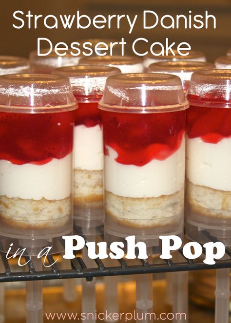 Push Pop Strawberry Cake Tutorial- Snickerplum Cheesecake Push Up Pops, Push Cake Pops, Push Pop Cake Ideas, Cake Push Up Pops, Pushpop Cake, Push Pop Cake, Push Pops Recipes, Push Pop Desserts, Strawberry Cheesecake Pops