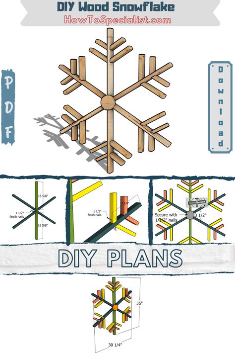 How to Make a Wooden Snowflake - Free DIY Plans Outdoor Wooden Snowflakes Diy, Large Wooden Snowflakes Diy, Diy Wood Snowflakes, Wooden Snowflakes Diy, Wood Snowflake, Modern Farmhouse Diy, Woodwork Ideas, Rustic Modern Farmhouse, Snow Flakes Diy