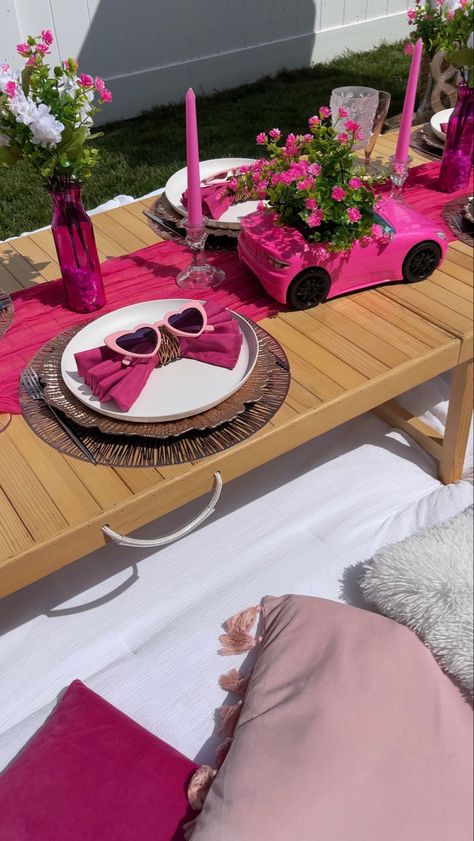 Barbie birthday decor, barbie theme, luxury picnic, birthday picnic, pink picnic, barbie decor, barbie party Barbie Birthday Party Table Decorations, Barbie Picnic Party, Barbie Party Table, Barbie Theme Party Decoration, Barbie Picnic, Hey Barbie, Barbie Decor, Pink Picnic, Picnic Planning